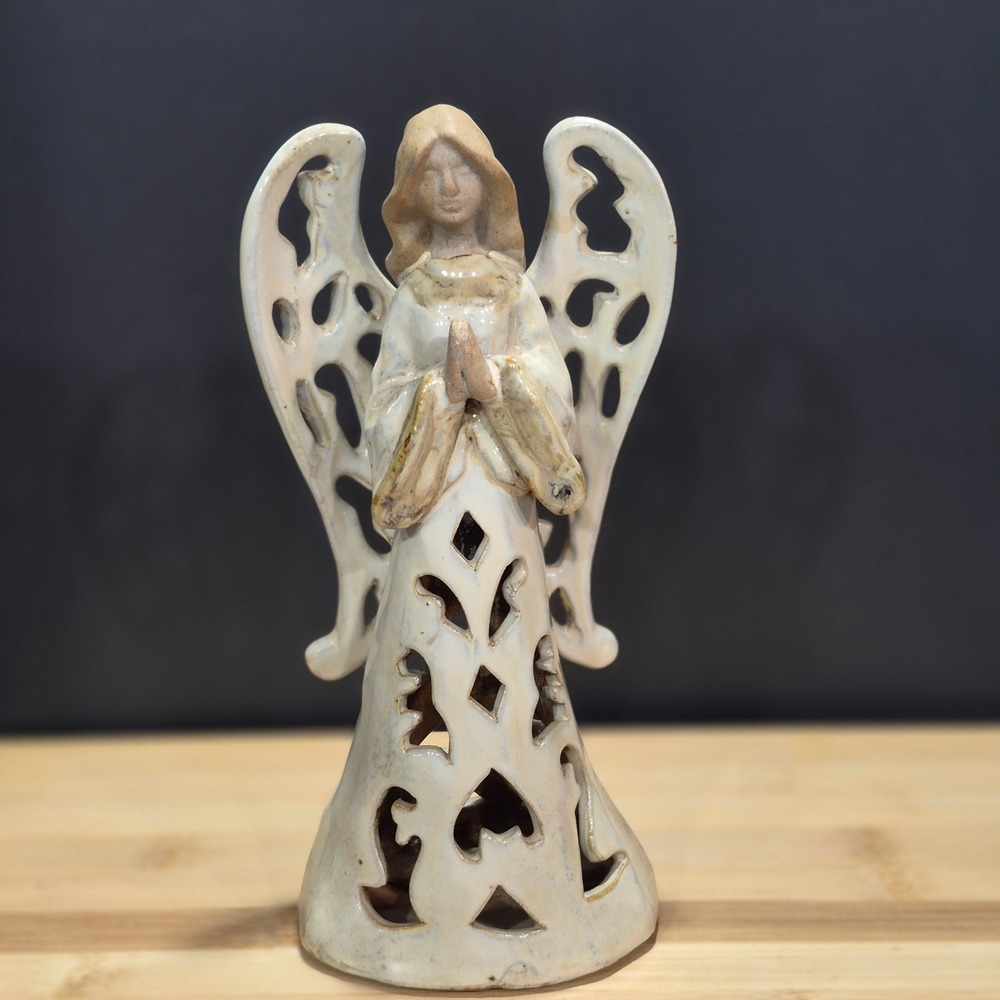 Rustic Pottery Stoneware Glazed Praying Angel Religion Country Farmhouse Cottage
